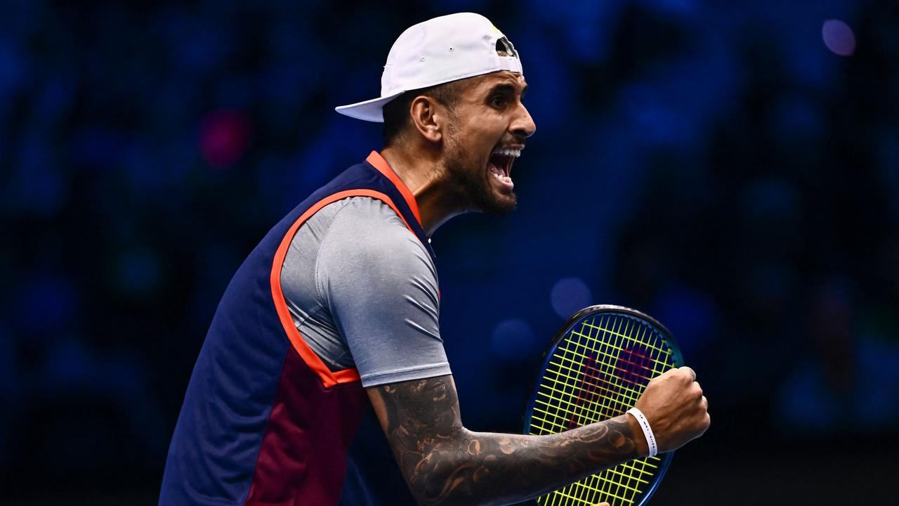 Australia's Nick Kyrgios reacts during his men's double round-robin match with Australia's Thanasi Kokkinakis against Britain's Neal Skupski and The Netherlands Wesley Koolhof at the ATP Finals tennis tournament on November 14, 2022 in Turin. (Photo by Marco BERTORELLO / AFP)