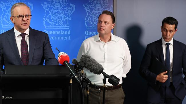 Prime Minister Anthony Albanese speaks while Lord Mayor Adrian Schrinner and Premier David Crisafulli look on. Picture: Adam Head