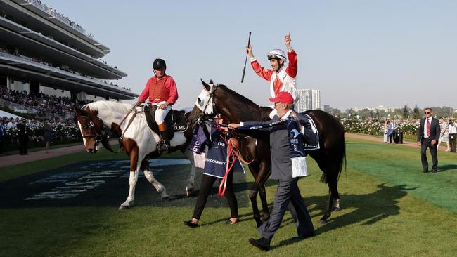 Jockey Anthony Darmanin returns to scale on Mystic Journey. Picture: AAP