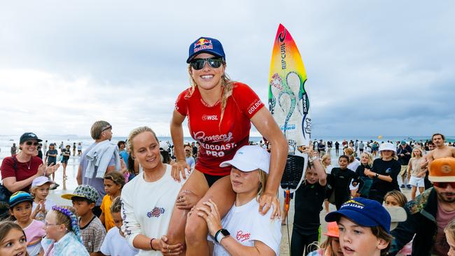 Erin Brooks is all smiles after winning the Gold Coast Pro at Snapper Rocks and charging to the top of the Challenger Series surf tour rankings. She is just 16. Picture: Cait Miers/World Surf League