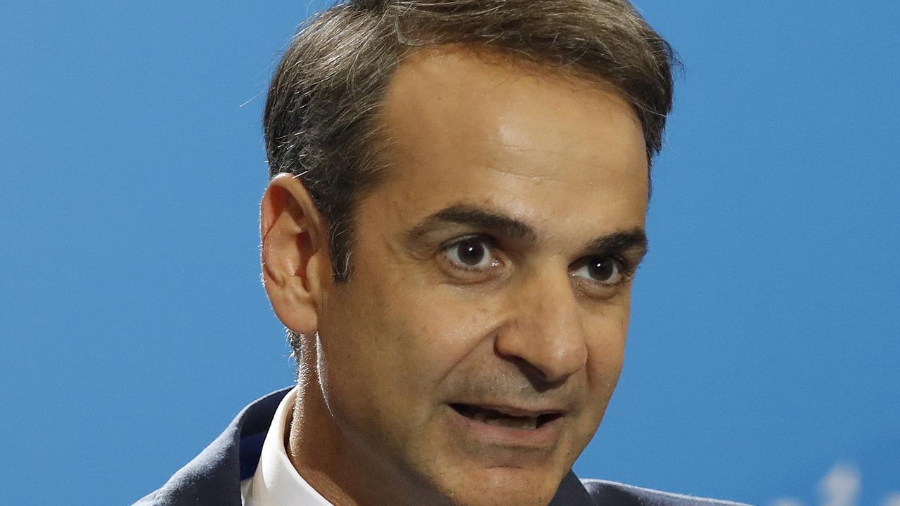 Greek opposition New Democracy conservative party leader Kyriakos Mitsotakis delivers his speech after win the parliamentary elections. Picture: AP