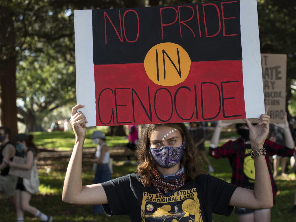 Protesters in the Domain participate in the 2021 Invasion Day rally. Picture: Brook Mitchell/Getty Images