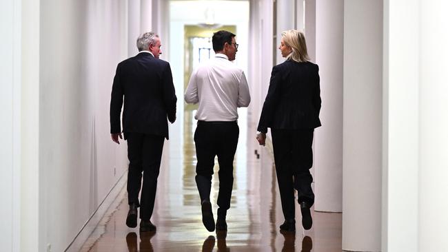 Nationals Leader David Littleproud, Nationals Deputy Leader Kevin Hogan and Nationals Senate Leader Bridget McKenzie leave after speaking to the media during a press conference at Parliament House. Picture: AAP