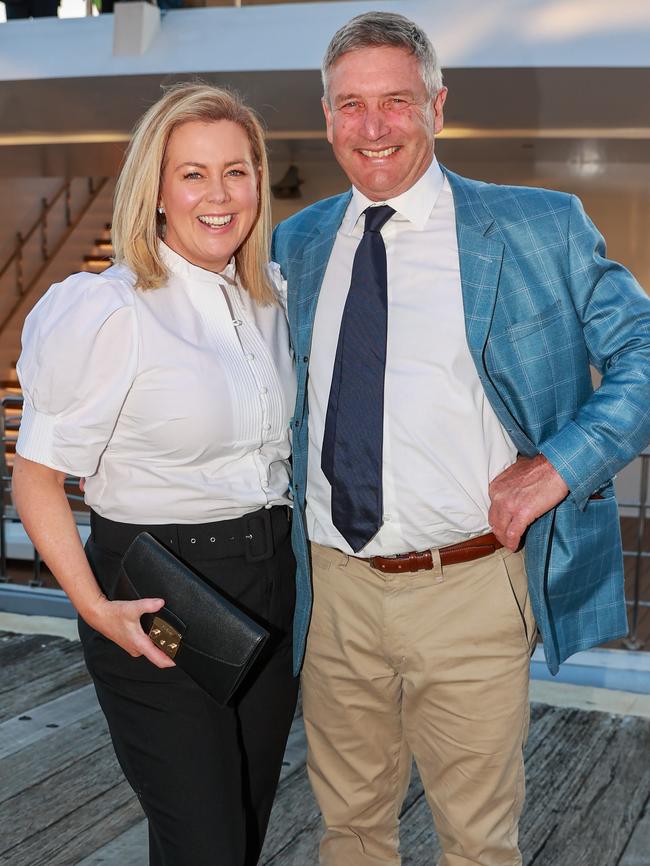 Sam Armytage and Richard Lavender board The Jackson' Super Yacht, at King Street Wharf. Picture: Justin Lloyd.