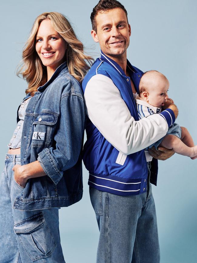 Emily Seebohm and Ryan Gallagher with baby Sampson. Picture: Daniel Nadel for Stellar