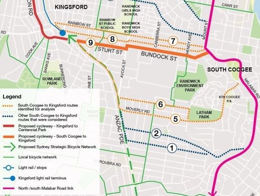 The new proposed routes of an east-west cycle track from Coogee to Kingsford. Picture: Randwick Council