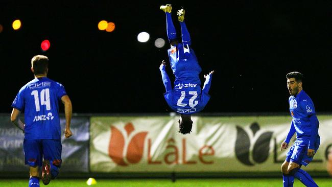 Elvis Kamsoba performs his trademark backflip goal celebration during Avondale’s FFA Cup run last year. Picture: Michael Dodge/Getty Images