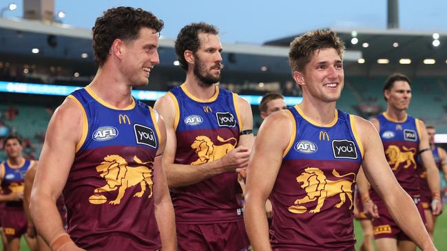 Zac Bailey (right) post match vs. Sydney Swans Rd 1. Picture: Cameron Spencer/Getty Images