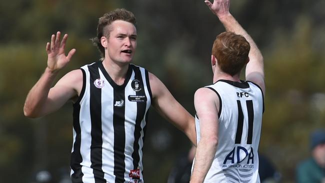 Bailey Marshman celebrates a goal for Reynella. Picture: Tricia Watkinson