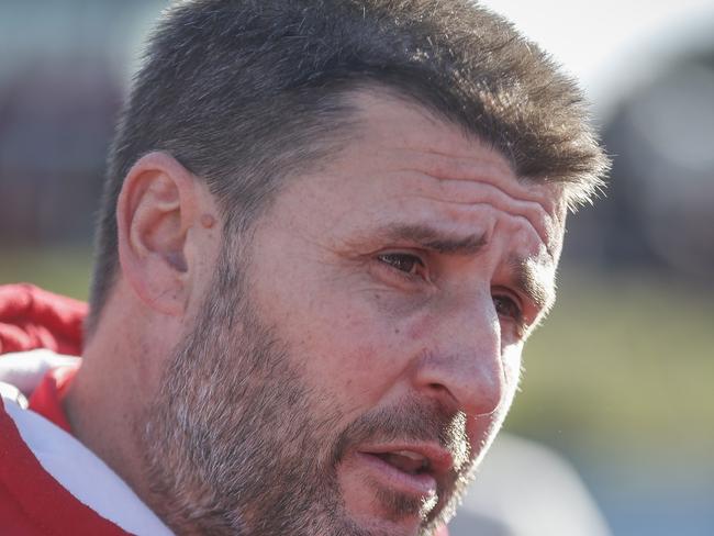 MPNFL Division 2: Karingal v Red Hill. Red Hill coach Jamie Mollo addressing players. Picture: Valeriu Campan