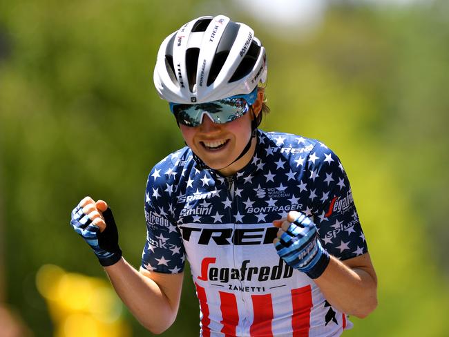 STIRLING, AUSTRALIA - JANUARY 18: Arrival / Ruth Winder of The United States and Team Trek-Segafredo / Celebration / during the 6th Santos Women's Tour Down Under 2020, Stage 3 a 109,1km stage from Nairne to Stirling 490m / @tourdownunder / #UCIWT / TDU / on January 18, 2020 in Stirling, Australia. (Photo by Tim de Waele/Getty Images)