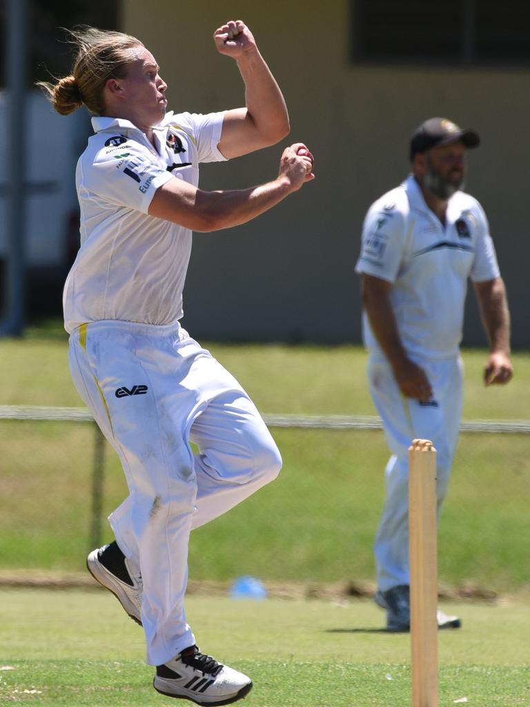 Devon Hamley at the bowling crease. Picture: Steve Holland