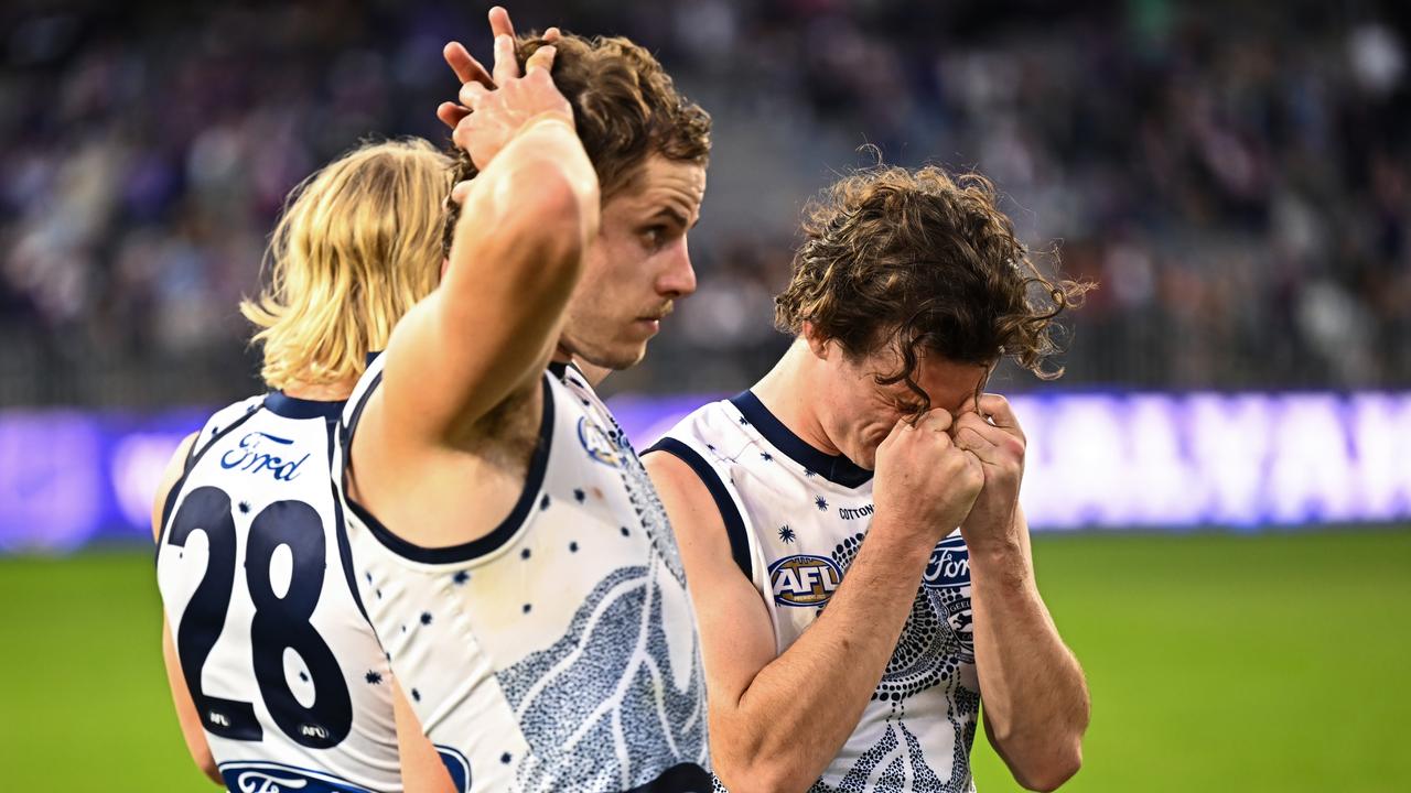 Cats players look on after their loss to Fremantle. Picture: Daniel Carson/AFL Photos via Getty Images