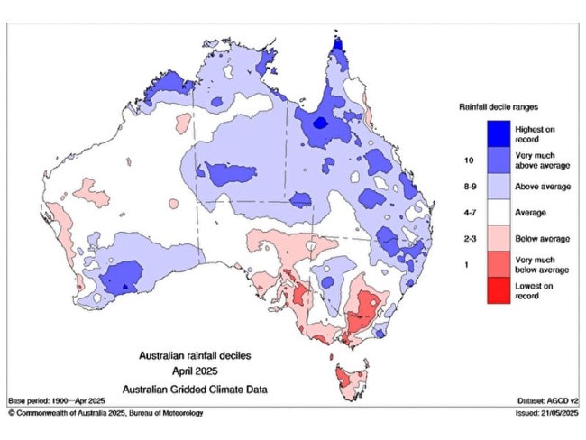 April rainfall was below average for more of Victoria in April, according to the Bureau of Meteorology. Picture: BOM