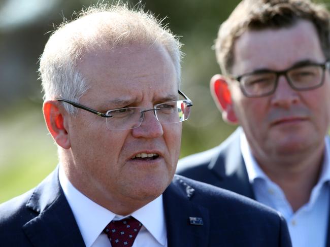 Prime Minister Scott Morrison (left) and Victorian Premier Daniel Andrews speak to the media during a press conference in Officer, Melbourne, Wednesday, September 4, 2019. The state and federal governments are promising an additional $367.5 million for more lanes on the Monash freeway. (AAP Image/David Crosling) NO ARCHIVING