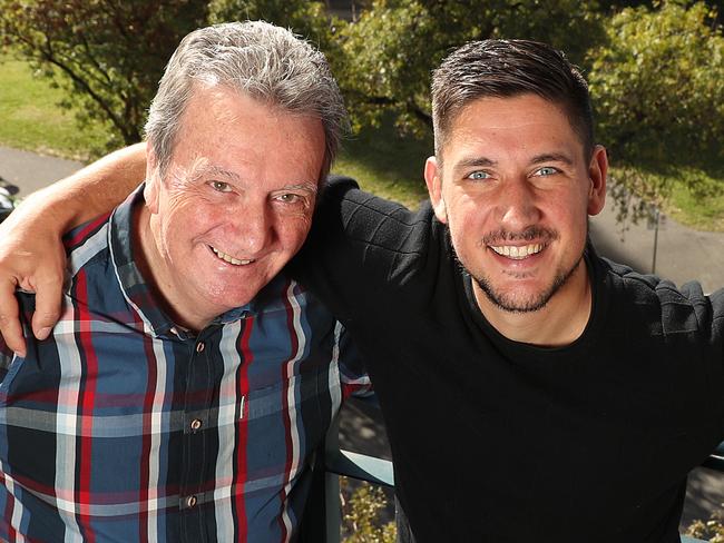 Former Seven newsreader Graeme Goodings with son, FIVEaa brekkie co-host Will Goodings, at the FIVEaa studios. Graeme is back in media, reading the FIVEaa news on Saturday mornings. Picture: DYLAN COKER