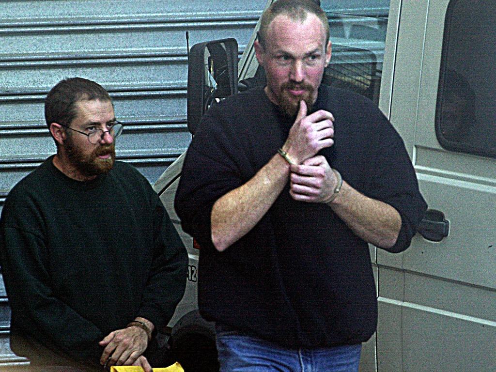 John Justin Bunting (left) and Robert Joe Wagner outside an Adelaide courthouse in 2001.