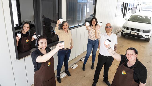 Ready to open Hop Thru Cafe are (from left) Yasmine Kratzman, Sarah Gomez, Carmel Tulloch, Innez Tulloch, Adam Archer and Sarah Voller at the drive-through coffee shop on James St, Monday, September 14, 2020. Picture: Kevin Farmer