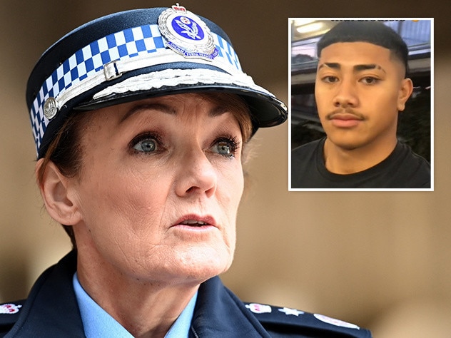 NSW Police Commissioner Karen Webb and (inset) young stabbing victim Uati Faletolu.