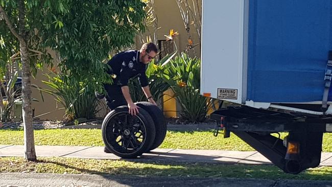 Officers seize tyres from a home in Robina. Allegedly stolen by Mexican Hoon Cartel members.