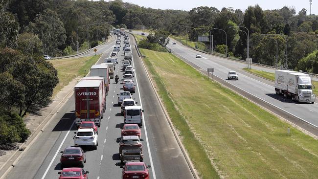 Traffic banked up on the South-Eastern Freeway near the Hahndorf entrance. Picture: Sarah Reed