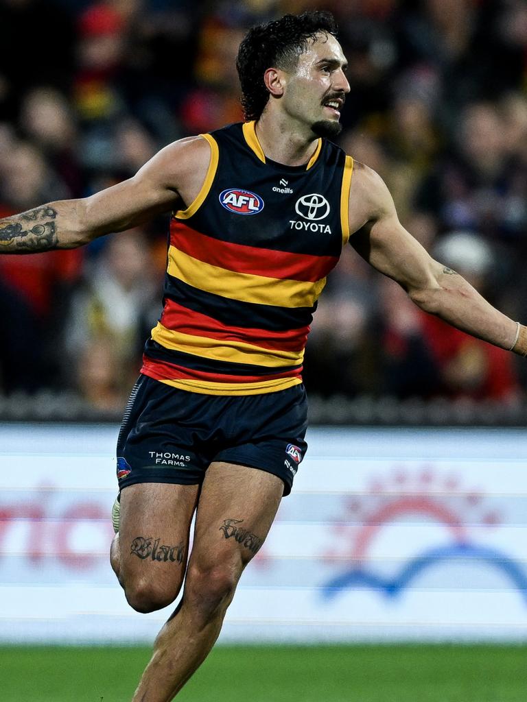 Izak Rankine of the Crows celebrates a goalduring the round eight AFL match between Adelaide Crows and Port Adelaide Power at Adelaide Oval. Picture: Mark Brake/Getty Images