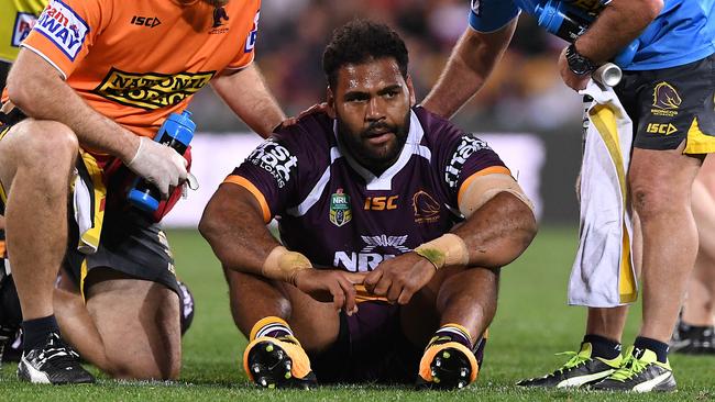 Broncos player Sam Thaiday before being taken off for a HIA.