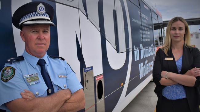 Coffs-Clarence Police Superintendent Steve Clarke and NSW Police Force regional domestic violence co-ordinator Kiah Bowen led a campaign to help spread the message to say 'No' to domestic violence last year. Photo: Bill North