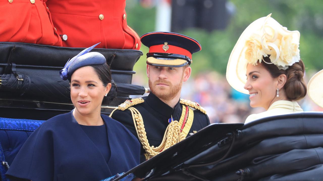 The Duke and Duchess of Sussex with the Duchess of Cambridge make their way along The Mall to Horse Guards Parade, in London, ahead of the Trooping the Colour ceremony in 2019. Picture: PA