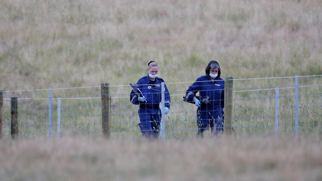 Policewomen at the Lavender Lane property outside the Victorian town of Kyneton after Alicia’s death. Picture Andrew Tauber