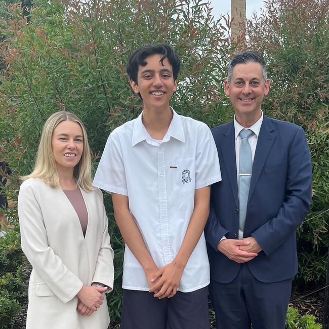 Campus principal years 11-12 Tiffany Greenhil, Dhani Handoyo and Frankston High principal Andrew Batchelor.