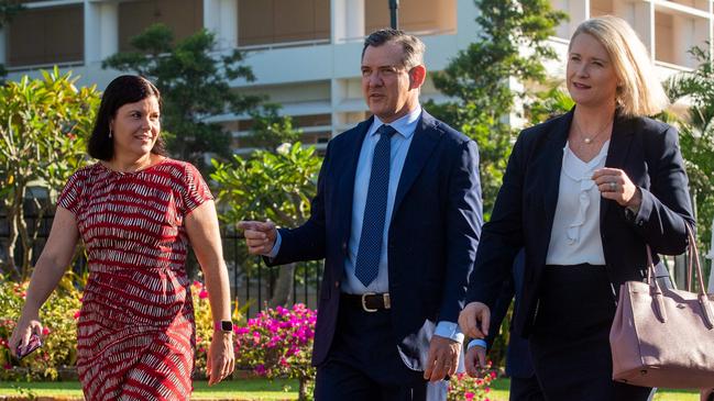 Chief Minister Michael Gunner with Health Minister Natasha Fyles, left, and Deputy Chief Minister Nicole Manison, right. Almost 30 people have left the Gunner Government’s staff since the August election. Picture: Che Chorley