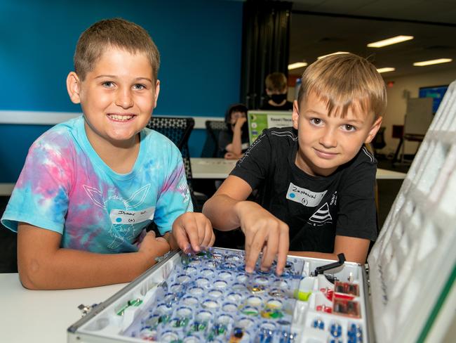 Isaac Webster and Zephanah Steyn at CQU Young Engineers Summer Holiday Camp Mackay. Picture: Michaela Harlow