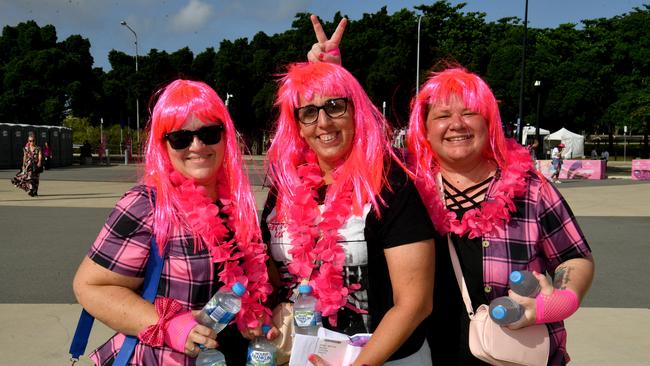 Socials at Pink convert at Townsville's Queensland Country Bank Stadium. Sharlene Fell, Rebecca Bunton and Maz Johnson. Picture: Evan Morgan