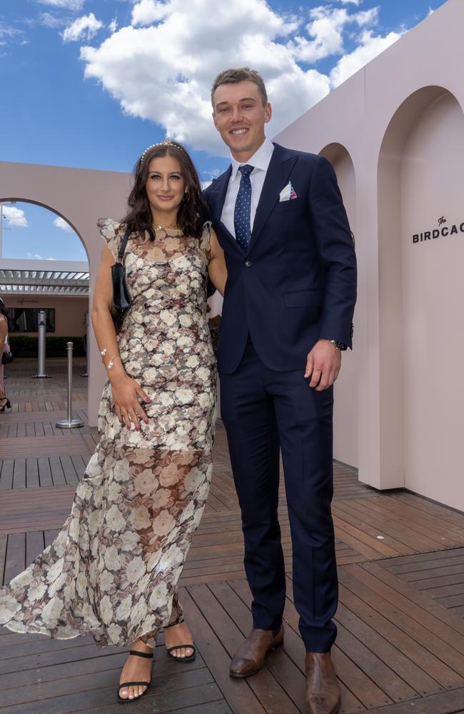 AFL player Patrick Cripps and his fiance Monique Fontana enter the Birdcage. Picture: Jay Town/Racing Photos via Getty Images