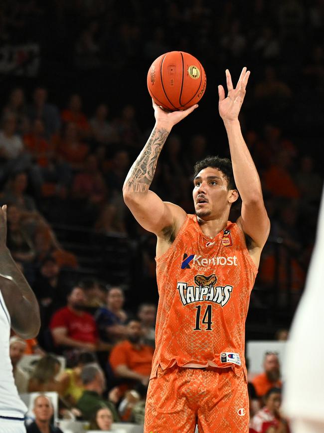 CAIRNS, AUSTRALIA - SEPTEMBER 28: Kyrin Galloway of the Taipans shoots the ball during the round two NBL match between Cairns Taipans and Adelaide 36ers at Cairns Convention Centre, on September 28, 2024, in Cairns, Australia. (Photo by Emily Barker/Getty Images)