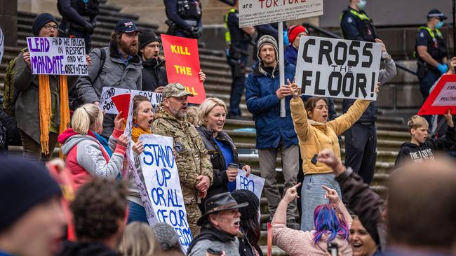 Protesters gather on the steps of Victorian Parliament. Picture: Jason Edwards