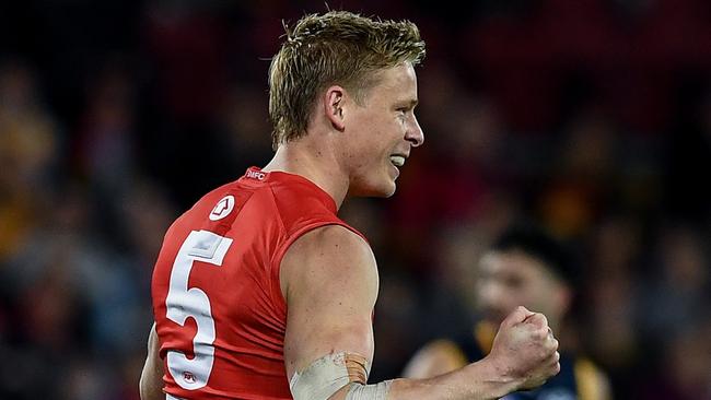 Isaac Heeney enjoys a goal. Picture: Mark Brake/Getty Images.