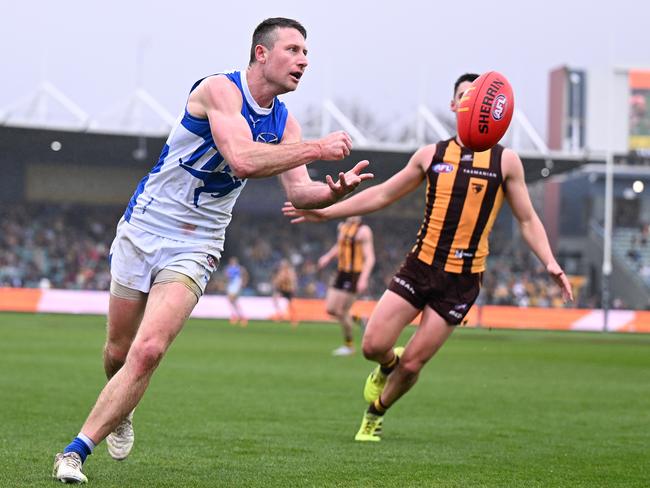 Liam Shiels during his final game on Saturday. Picture: Steve Bell/AFL Photos/via Getty Images