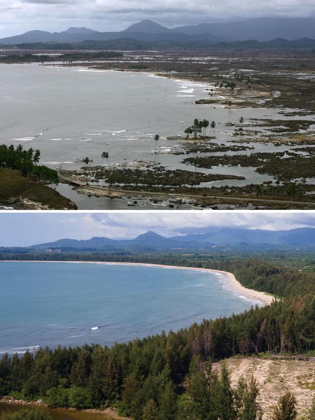 An aerial view of an area affected by the December 26, 2024 tsunami in Sampoiniet in Aceh Jaya regency, Aceh province on January 6, 2005 (top) and the same area on November 16, 2024. On December 26, 2004. Picture: AFP