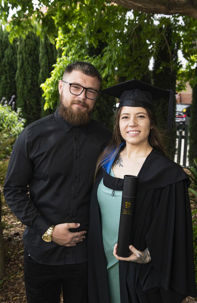 Bachelor of Nursing graduate Caitlin White with Jacob Pullen at a UniSQ graduation ceremony at The Empire, Tuesday, October 29, 2024. Picture: Kevin Farmer