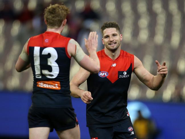 Jakovich loves watching Melbourne's Jesse Hogan (right) and Clayton Oliver. Pic: Michael Klein