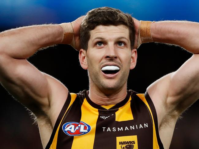 MELBOURNE, AUSTRALIA - JULY 30: Luke Breust of the Hawks reacts to a missed shot on goal during the 2022 AFL Round 20 match between the St Kilda Saints and the Hawthorn Hawks at Marvel Stadium on July 30, 2022 in Melbourne, Australia. (Photo by Dylan Burns/AFL Photos via Getty Images)