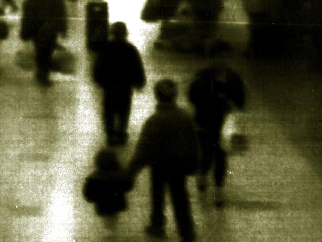 PIRATE: Security camera photo dated 12/02/93 showing two boys leading James Bulger (2) out of Liverpool shopping mall, with two boys Robert Thompson & Jon Venables, both 10, later charged with his murder.England / Crime / Abduction