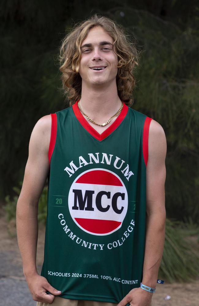 Heath Tuck, 17, from Mannum Community College wears a Schoolies top designed by his classmates. Picture: Brett Hartwig