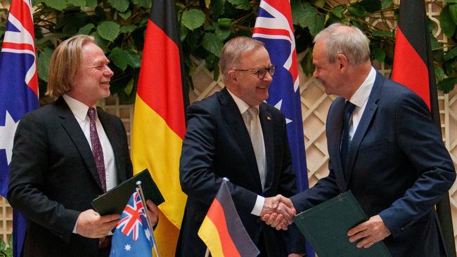 Australian Ambassador to Germany Philip Green, with Prime Minister Anthony Albanese and Germany’s State Secretary, Federal Ministry of Defence Benedikt Zimmer after the signing of the deal. Picture: Twitter