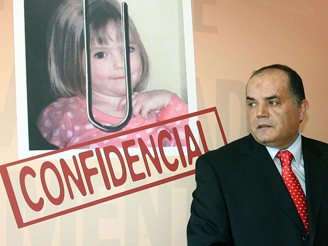 Former Policia Judiciaria (Crime Police) detective Goncalo Amaral posing near a poster with his book entitled "Maddie: The Truth about the Lie. Picture: AFP