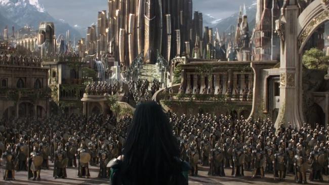 Cate Blanchett as Hela in a scene from the Thor: Ragnarok trailer filmed on an outdoor set on the lot at Village Roadshow Studios. Picture: Marvel.