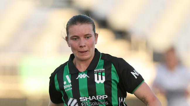 MELBOURNE, AUSTRALIA - MARCH 01: Kahli Johnson of Western United competes during the round 17 A-League Women's match between Western United and Melbourne Victory at Ironbark Fields, on March 01, 2025, in Melbourne, Australia. (Photo by Daniel Pockett/Getty Images)