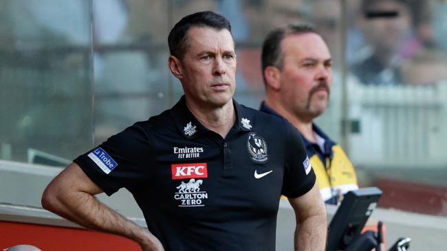 MELBOURNE, AUSTRALIA - SEPTEMBER 30: Craig McRae, Senior Coach of the Magpies is seen during the 2023 AFL Grand Final match between the Collingwood Magpies and the Brisbane Lions at the Melbourne Cricket Ground on September 30, 2023 in Melbourne, Australia. (Photo by Russell Freeman/AFL Photos via Getty Images)